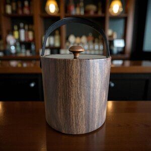 VTG Irvinware Ice Bucket Faux Wood Grain MCM Barware Made in USA w/ Lid & Handle